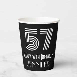 57th Birthday — Art Deco Inspired Look “57” + Name Paper Cups