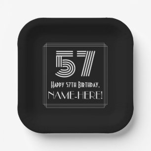 57th Birthday — Art Deco Inspired Look “57” + Name Paper Plates