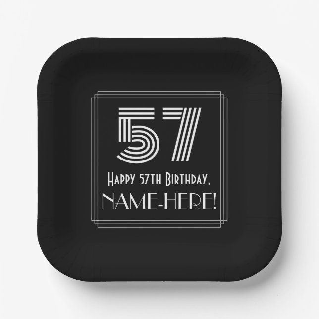 57th Birthday — Art Deco Inspired Look “57” + Name Paper Plates (Front)