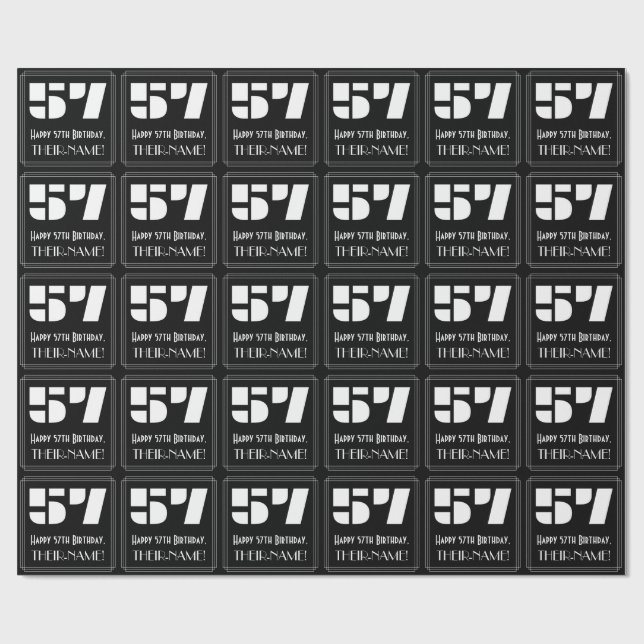 57th Birthday: Art Deco Inspired Look "57" & Name Wrapping Paper (Flat)
