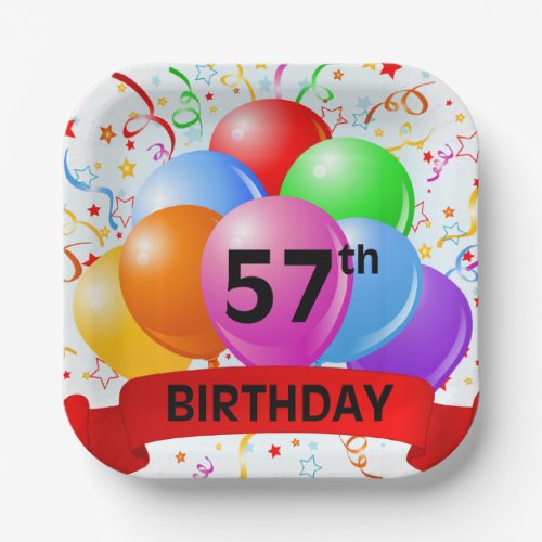 57th Birthday Balloons Banner Paper Plates