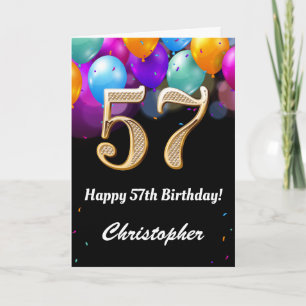 57th Birthday Black and Gold Colorful Balloons Card