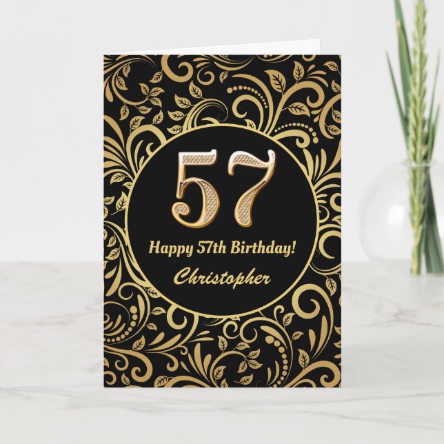 57th Birthday Black and Gold Floral Pattern Card (Front)