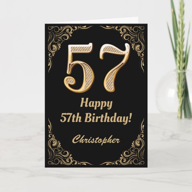 57th Birthday Black and Gold Glitter Frame Card (Front)