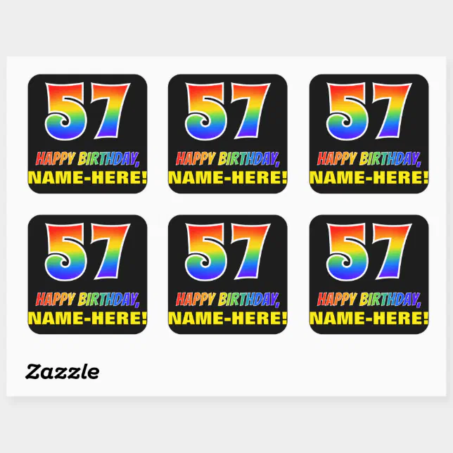 57th Sticker 57th Birthday: Bold, Fun, Simple, Rainbow 57 Square Sticker | Zazzle