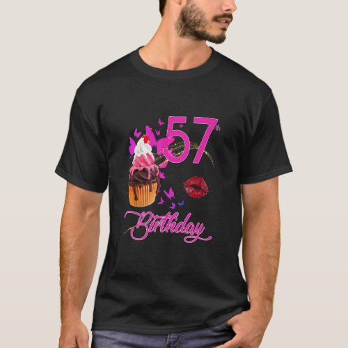 57th Birthday Butterflies and Cupcake  T_Shirt