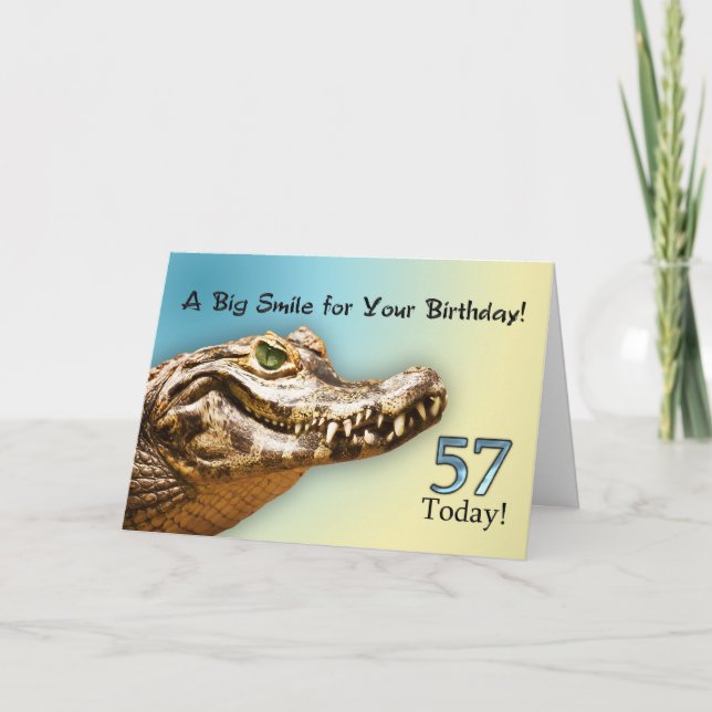 57th Birthday card with a smiling alligator (Front)