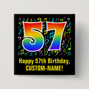 57th Birthday: Colorful Music Symbols, Rainbow 57 Button