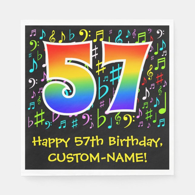 57th Birthday - Colorful Music Symbols, Rainbow 57 Napkins (Front)