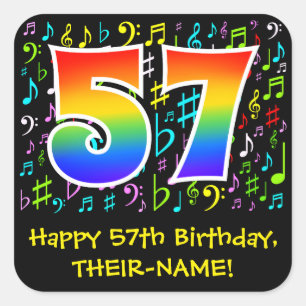 57th Birthday: Colorful Music Symbols, Rainbow 57 Square Sticker