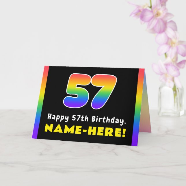 57th Birthday: Colorful Rainbow # 57, Custom Name Card (Orchid)