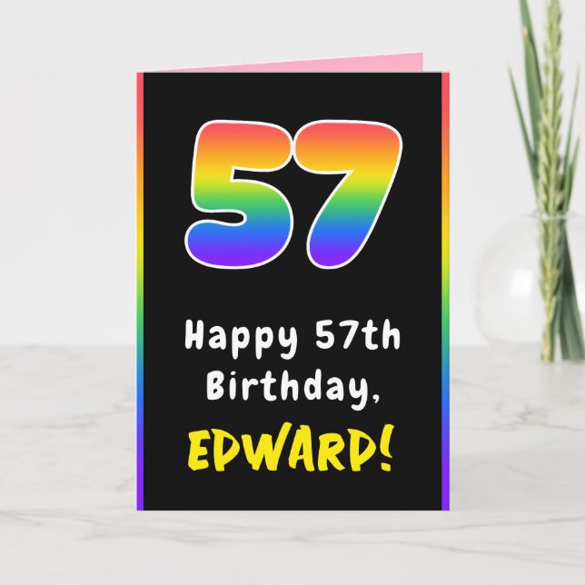 57th Birthday: Colorful Rainbow # 57, Custom Name Card (Front)