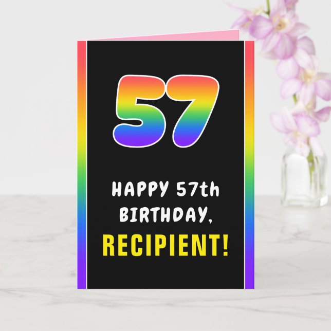 57th Birthday: Colorful Rainbow # 57, Custom Name Card (Orchid)