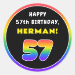 [ Thumbnail: 57th Birthday: Colorful Rainbow # 57, Custom Name Round Sticker ]