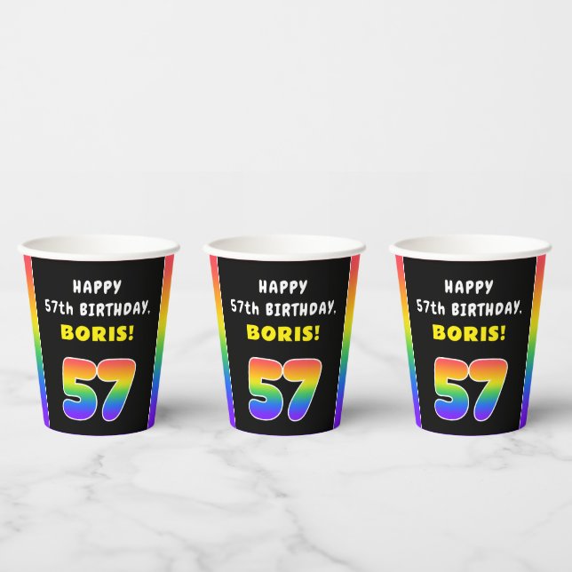 57th Birthday: Colorful Rainbow # 57, Custom Name Paper Cups (Multi)