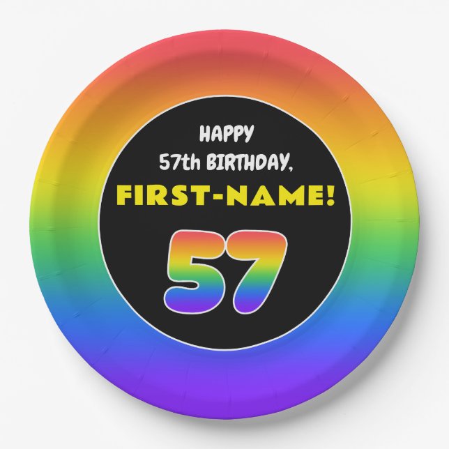 57th Birthday: Colorful Rainbow # 57, Custom Name Paper Plates (Front)