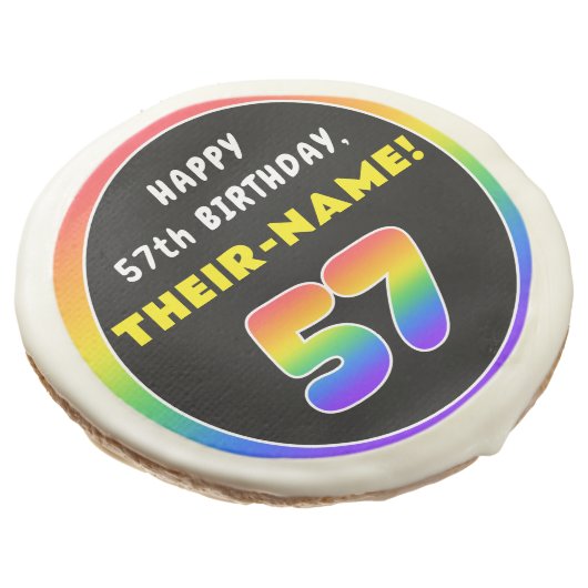 57th Birthday: Colorful Rainbow # 57, Custom Name Sugar Cookie (Angled)
