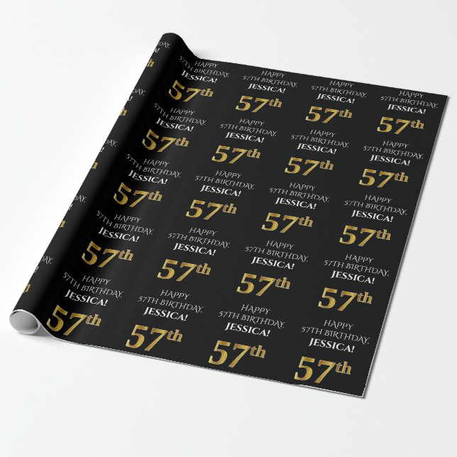 57th Birthday: Elegant, Black, Faux Gold Look Wrapping Paper (Unrolled)