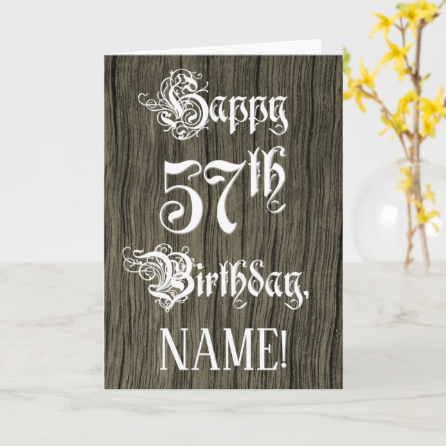 57th Birthday: Fancy, Elegant Text; Faux Wood Look Card (Yellow Flower)