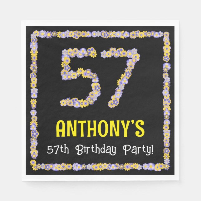 57th Birthday: Floral Flowers Number, Custom Name Napkins (Front)