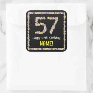 57th Birthday: Floral Flowers Number, Custom Name Square Sticker