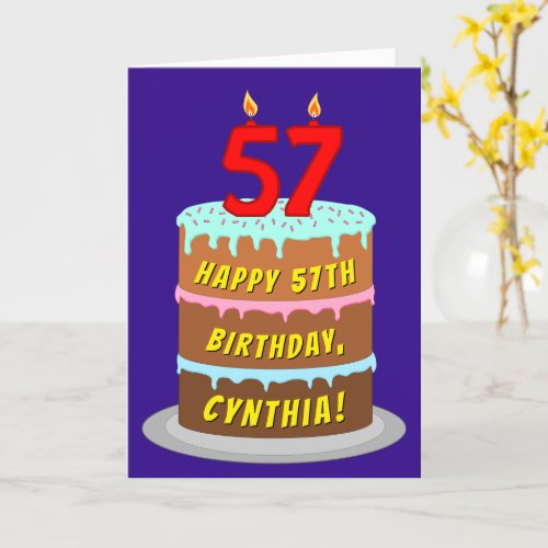 57th Birthday Fun Cake and Candles  Custom Name Card