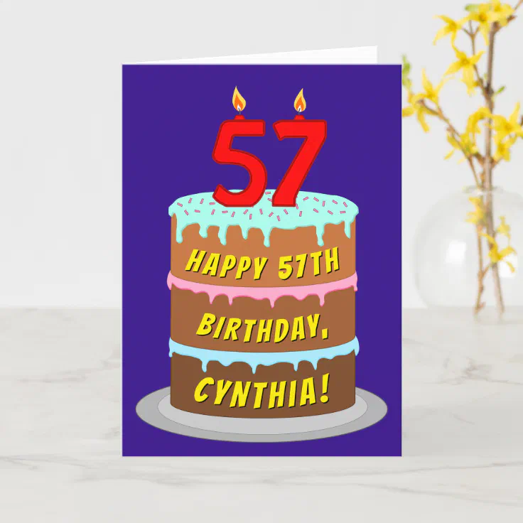 57th Birthday: Fun Cake and Candles + Custom Name Card | Zazzle