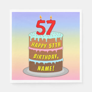 57th Birthday: Fun Cake and Candles + Custom Name Napkins