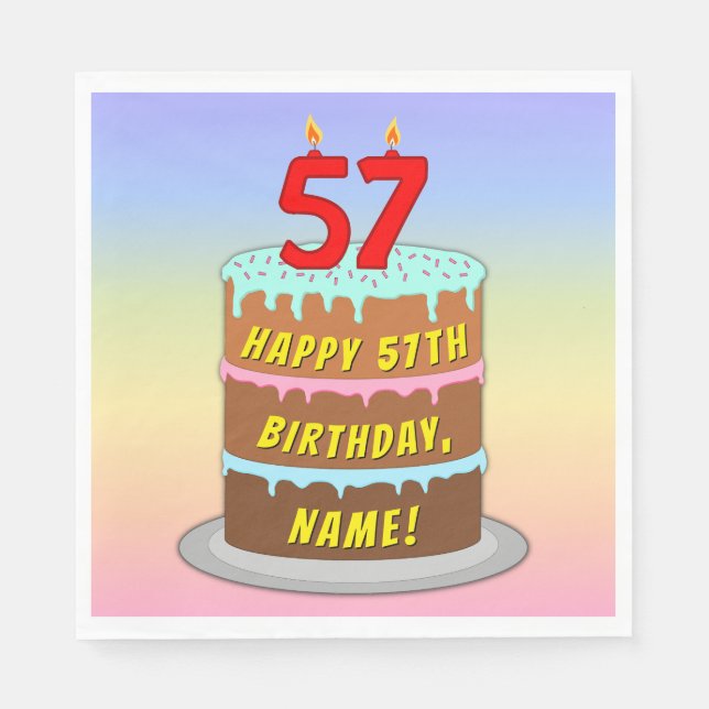 57th Birthday: Fun Cake and Candles + Custom Name Napkins (Front)