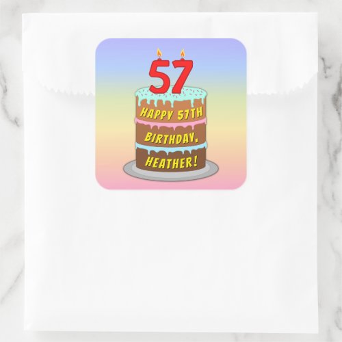 57th Birthday Fun Cake and Candles  Custom Name Square Sticker