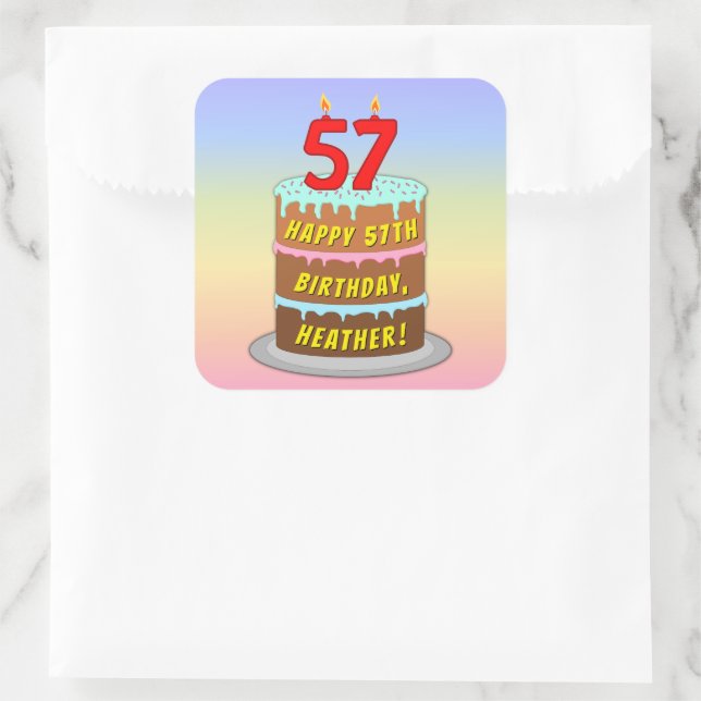 57th Birthday: Fun Cake and Candles + Custom Name Square Sticker (Bag)