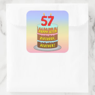 57th Birthday: Fun Cake and Candles + Custom Name Square Sticker