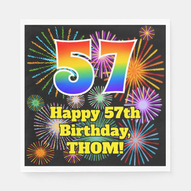 57th Birthday: Fun Fireworks Pattern + Rainbow 57 Napkins (Front)