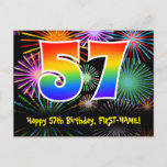 [ Thumbnail: 57th Birthday – Fun Fireworks Pattern + Rainbow 57 Postcard ]