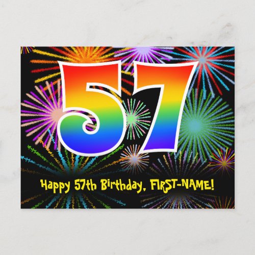 57th Birthday  Fun Fireworks Pattern  Rainbow 57 Postcard