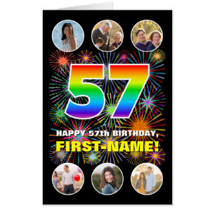 57th Birthday: Fun Rainbow #, Custom Name + Photos Card