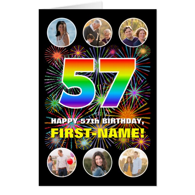 57th Birthday: Fun Rainbow #, Custom Name + Photos Card (Front)