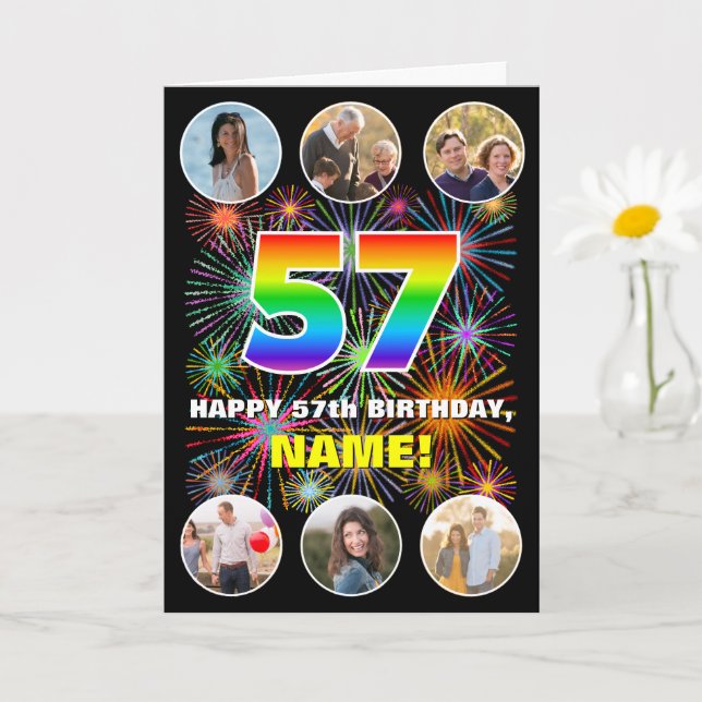 57th Birthday: Fun Rainbow #, Custom Name & Photos Card (Small Plant)