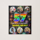 [ Thumbnail: 57th Birthday: Fun Rainbow #, Custom Name + Photos Jigsaw Puzzle ]