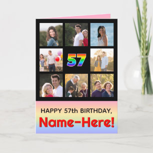 57th Birthday: Fun Rainbow #, Custom Photos + Name Card