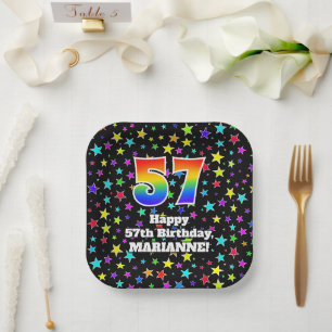 57th Birthday: Fun Stars Pattern and Rainbow “57” Paper Plates
