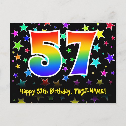 57th Birthday Fun Stars Pattern Rainbow 57 Name Postcard