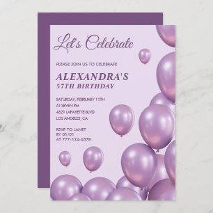 57th birthday invitations Balloons Chic Purple