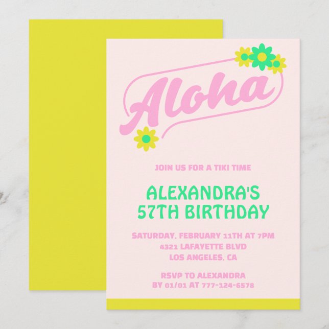 57th birthday invitations Tropical Aloha Pink (Front/Back)