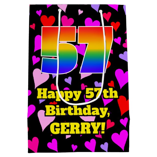 57th Birthday: Loving Hearts Pattern, Rainbow # 57 Medium Gift Bag (Back)