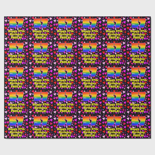 57th Birthday: Loving Hearts Pattern, Rainbow # 57 Wrapping Paper (Seam)
