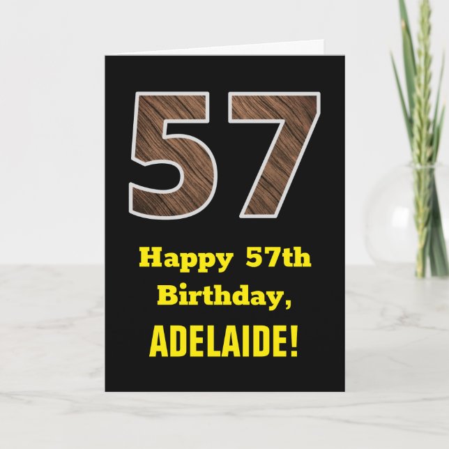 57th Birthday: Name, Faux Wood Grain Pattern "57" Card (Front)
