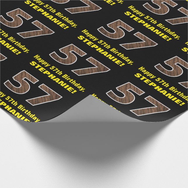 57th Birthday: Name & Faux Wood Grain Pattern "57" Wrapping Paper (Corner)