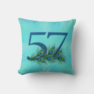 57th Birthday Or Anniversary Peacock Feather Throw Pillow