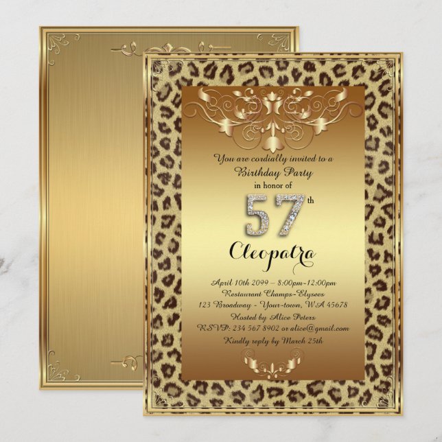 57th, Birthday Party 57th, Royal Cheetah gold plus Invitation (Front/Back)
